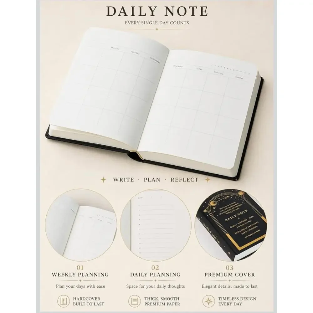 Undated Daily Planner A6 Black Gold Celestial Hourly Schedule Diary Goal Tracker